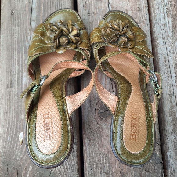 Retro Born Leather Green Yellow Buckle Strap Heels With 3D Flower Size 8 - Picture 11 of 15